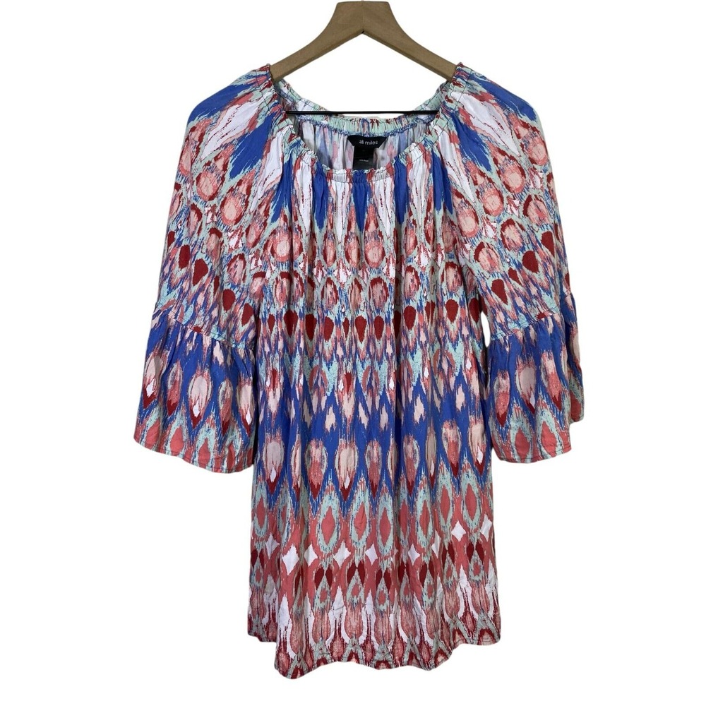 Ali Miles Top Sz M‎ Artsy Colorful 3/4 Bell Sleeve Tunic Blue Pink Boho Pullover
